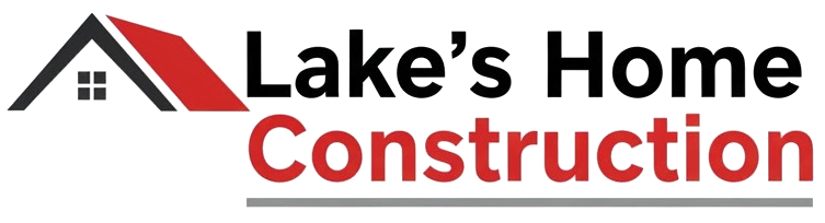 Logo for Lake's Home Construction featuring a black and red house icon next to the company name in black and red text.