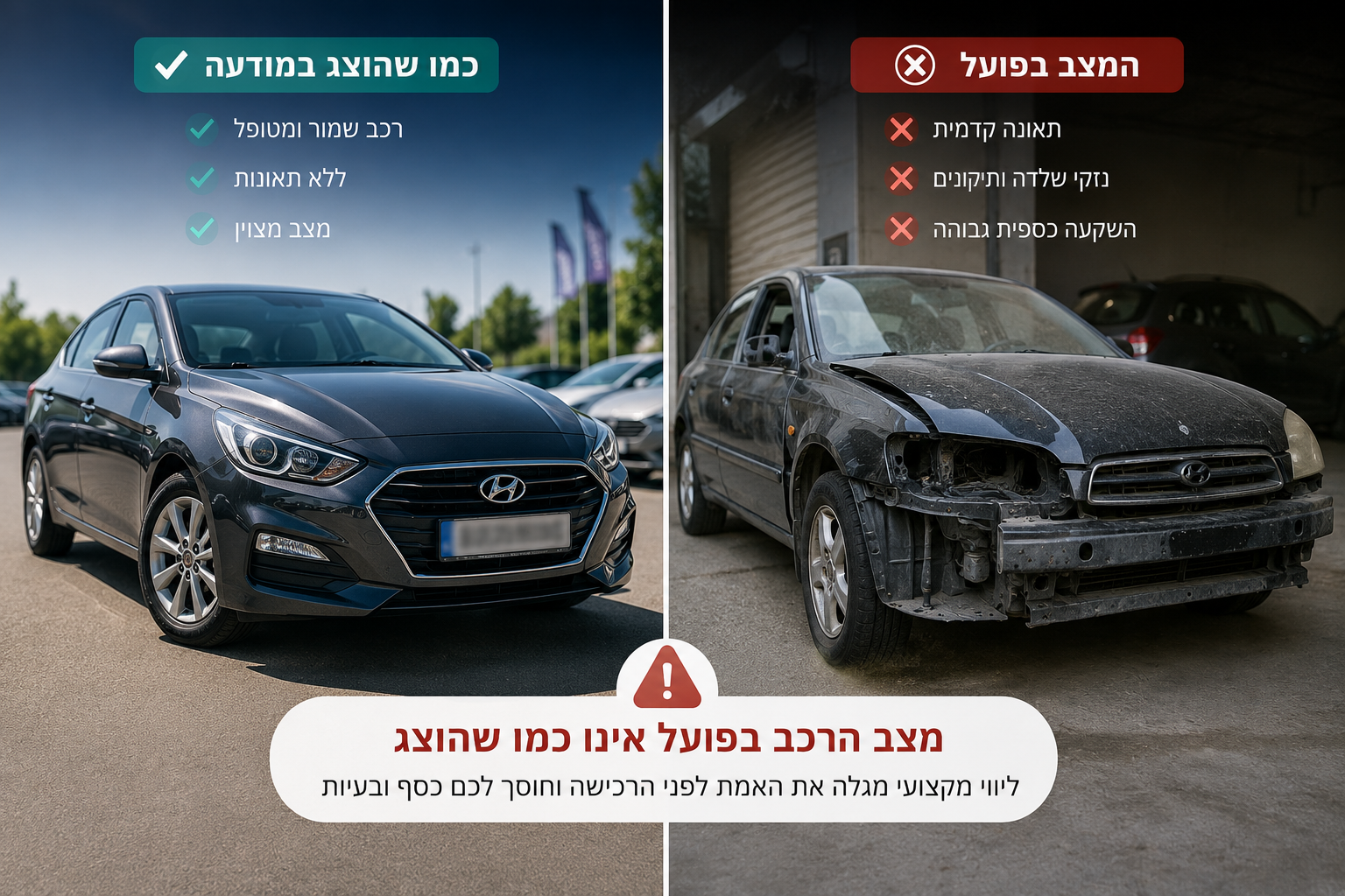 שתי מכוניות זו לצד זו: מכונית כחולה המסומנת כבטוחה ומכונית שחורה פגומה המסומנת כמסוכנת.