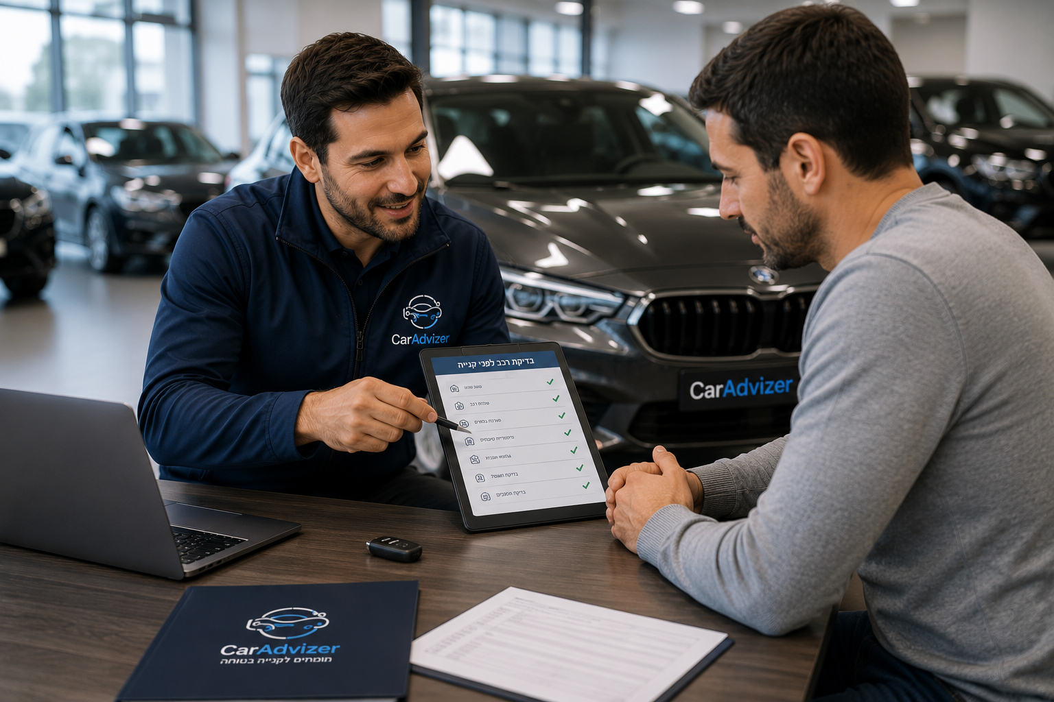 שני גברים סוקרים טאבלט ליד דלפק של סוכנות BMW, כשמחשב נייד וניירת בקרבת מקום