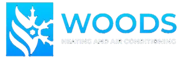 A blue and white logo for Wood's Heating and Air Conditioning