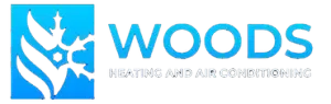 A blue and white logo for Wood's Heating and Air Conditioning