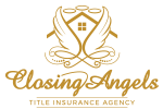 Closing Angels title insurance agency logo with gold angel wings and lettering on white background