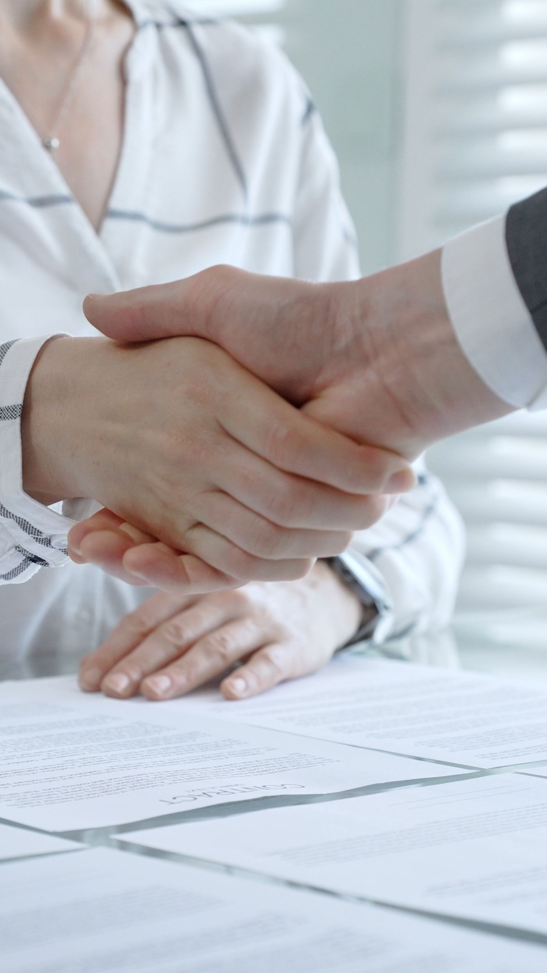 Two people shaking hands across a desk in a bright office meeting room