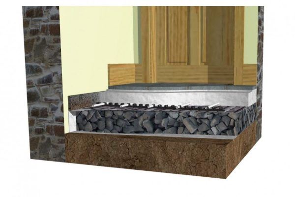 A computer generated image of a doorway with rocks and concrete.