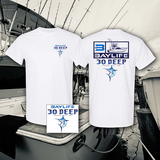 White t-shirt with blue logo BAYLIFE 30 DEEP and a marlin design