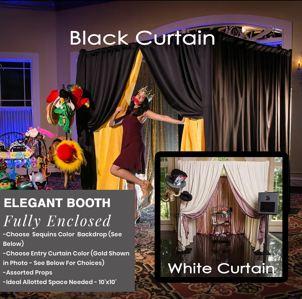 Photo booth with black curtain and white curtain options in event room; woman adjusting drapes beside booth.