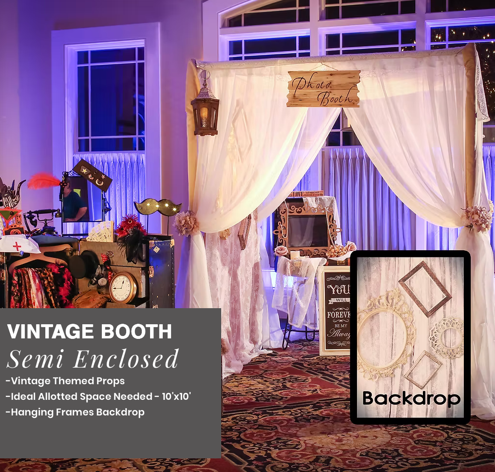 Vintage booth setup with white drapes, framed decor, lanterns, and purple lighting in a decorated room