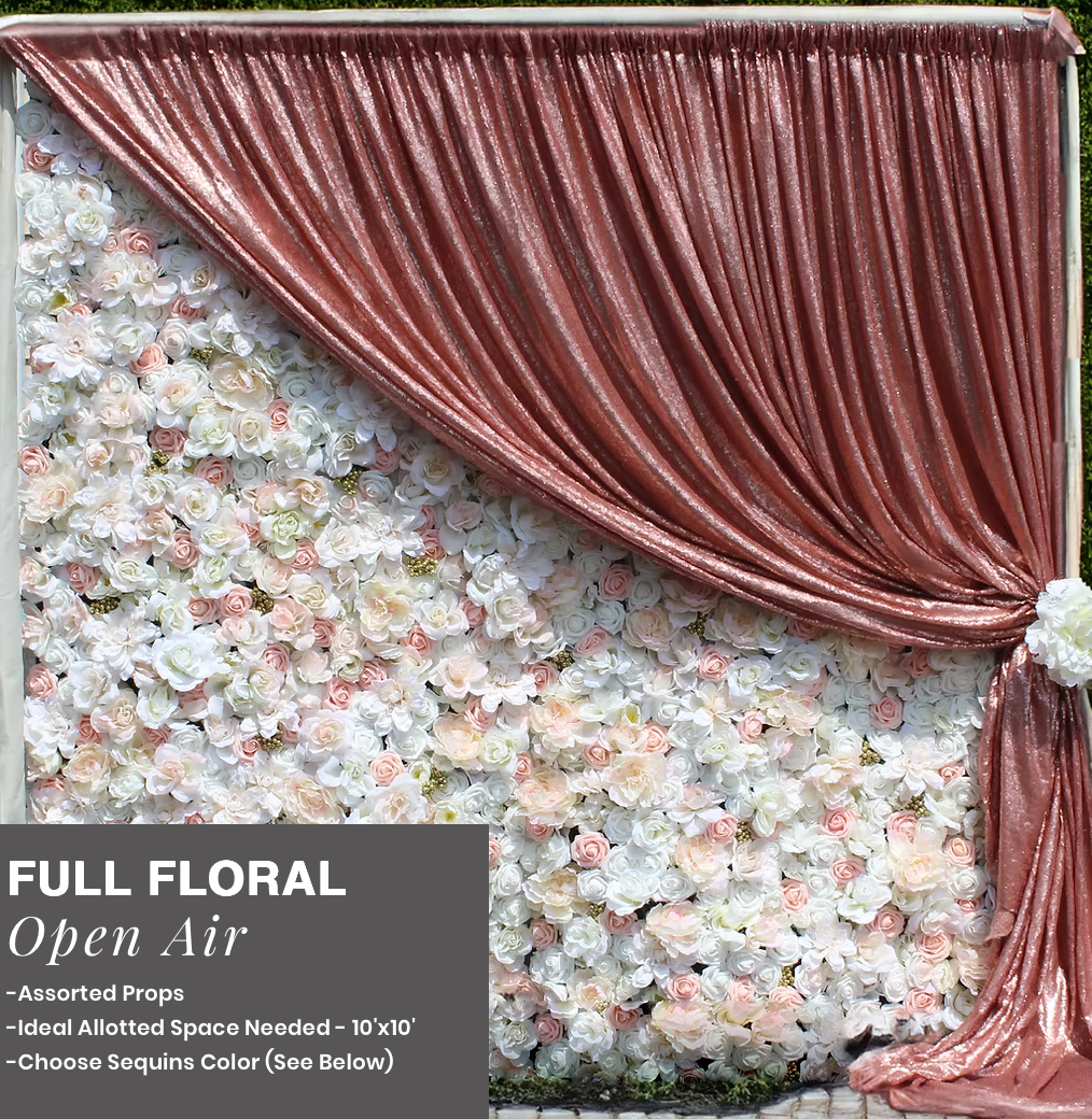 Full floral open-air backdrop with pink draped curtain and white flower wall