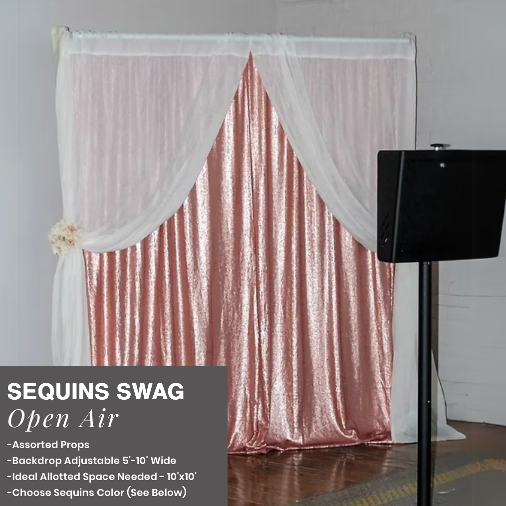 Pink sequin swag backdrop with sheer white drapes, styled for an event display