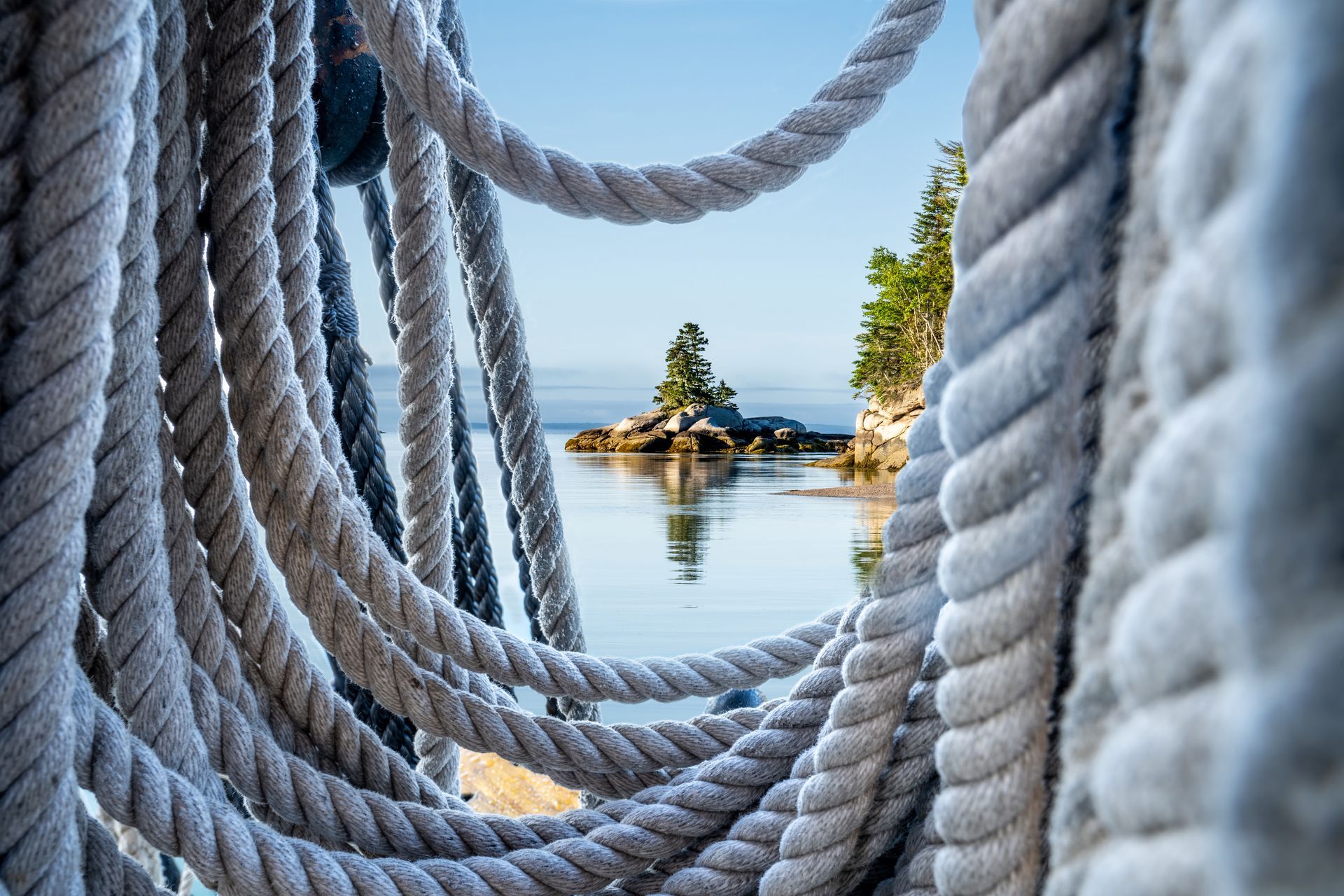 a bunch of ropes are hanging over a body of water . Babson Island, Maine Coast, Schooner Stephen Taber, Talking Excitingly, Brad Burgess Photography