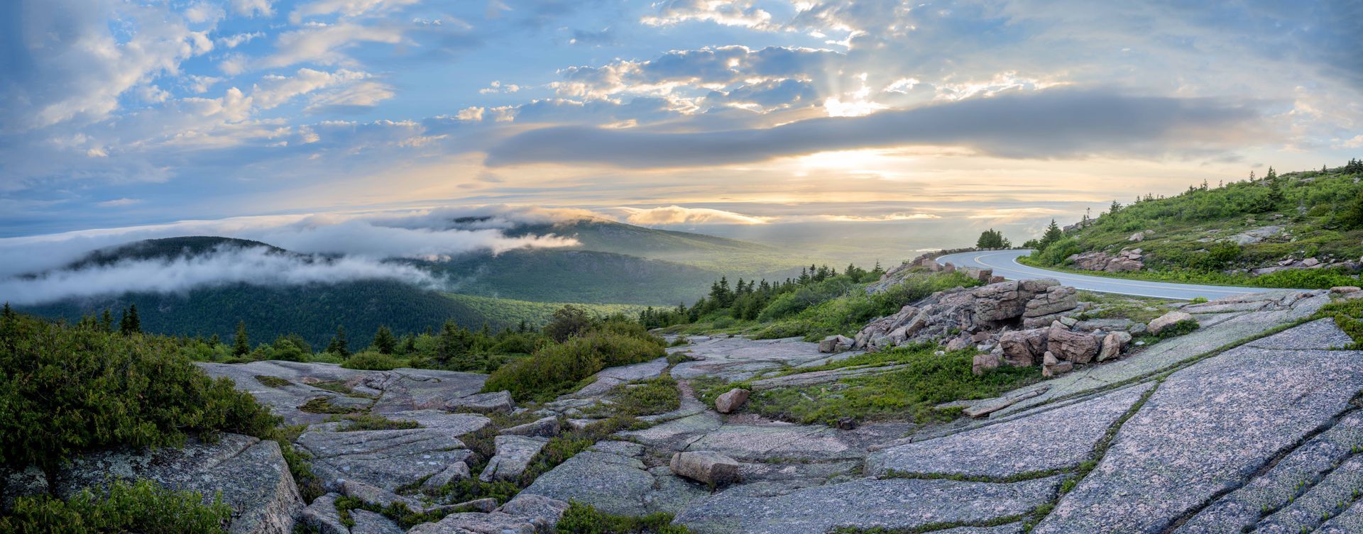 there is a road going through the mountains in the background . Cadillac Mountain, Acadia National Park, Talking Excitingly, Brad Burgess Photography