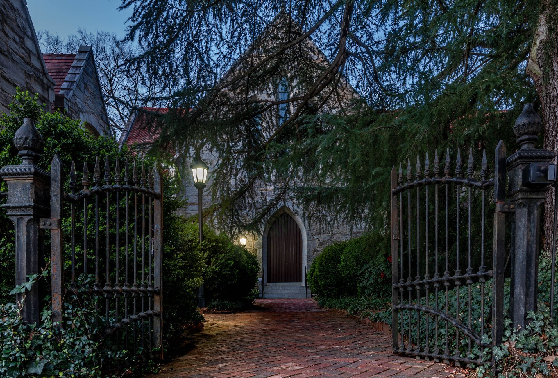 Early morning view with its open gate of Christ Church on Capital Square in Raleigh.  Brad Burgess Photography, Talking Excitingly
