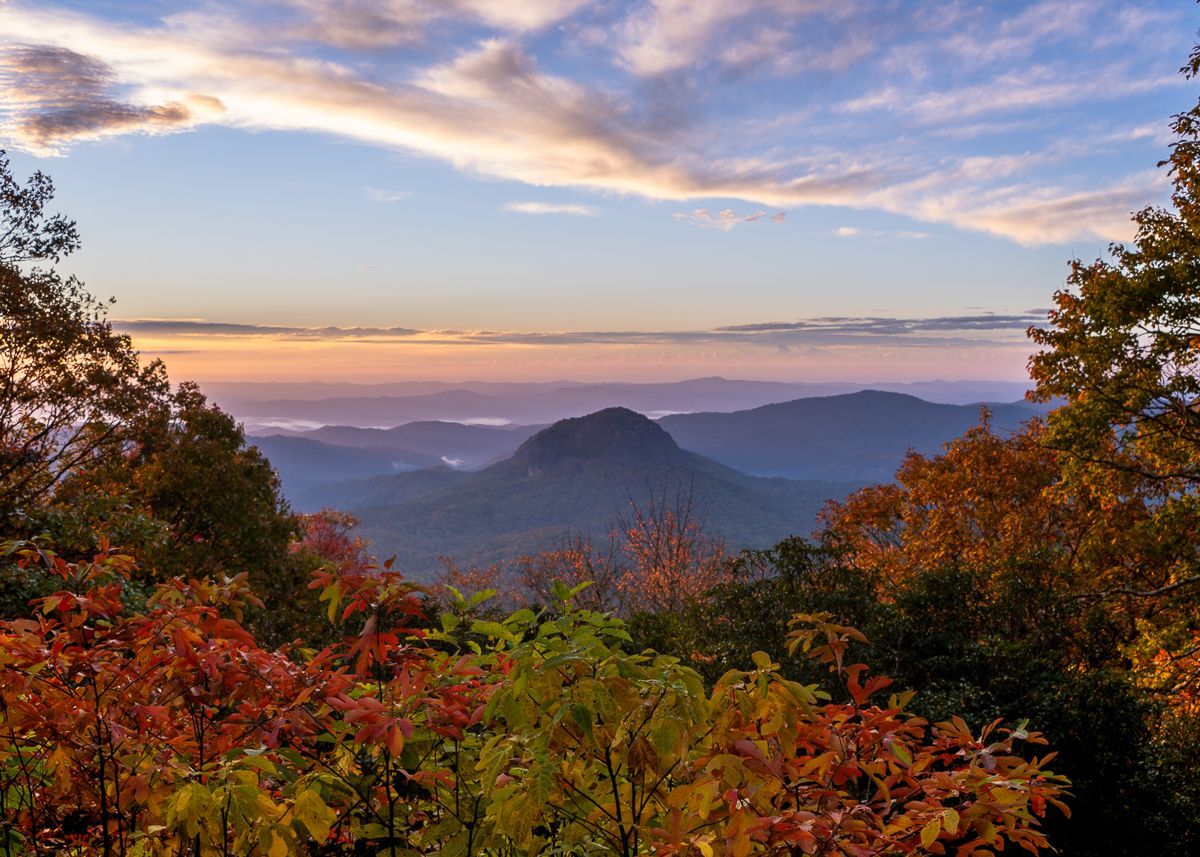 a view of a mountain range at sunset with trees in the foreground . Looking Glass Mountian, Blue Ridge Parkway, Talking Excitingly, Brad Burgess Photography