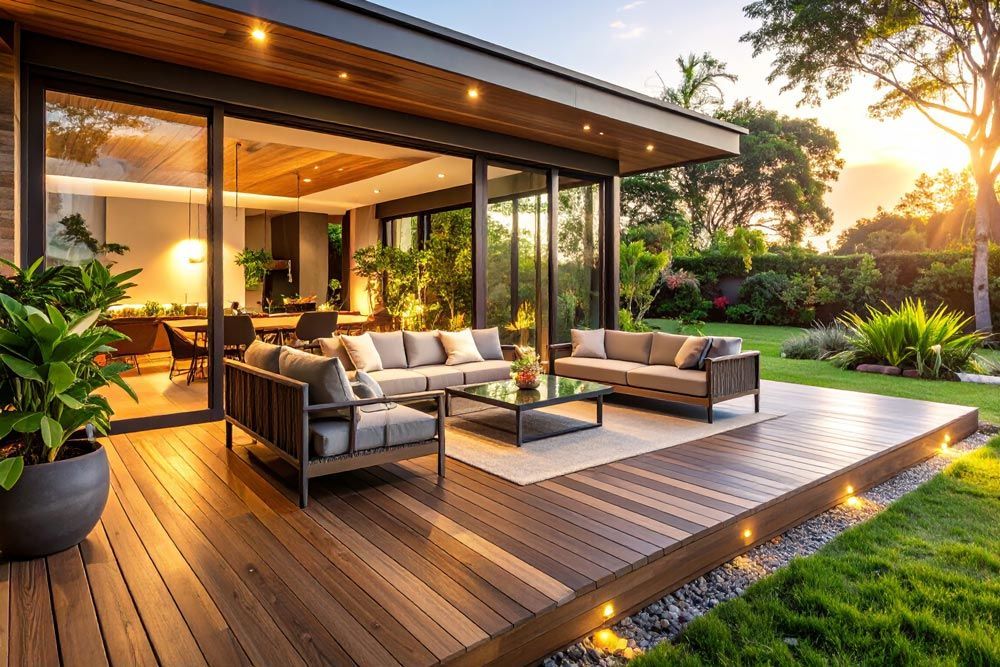 Outdoor patio with modern furniture, overlooking a well-manicured lawn and trees at sunset.