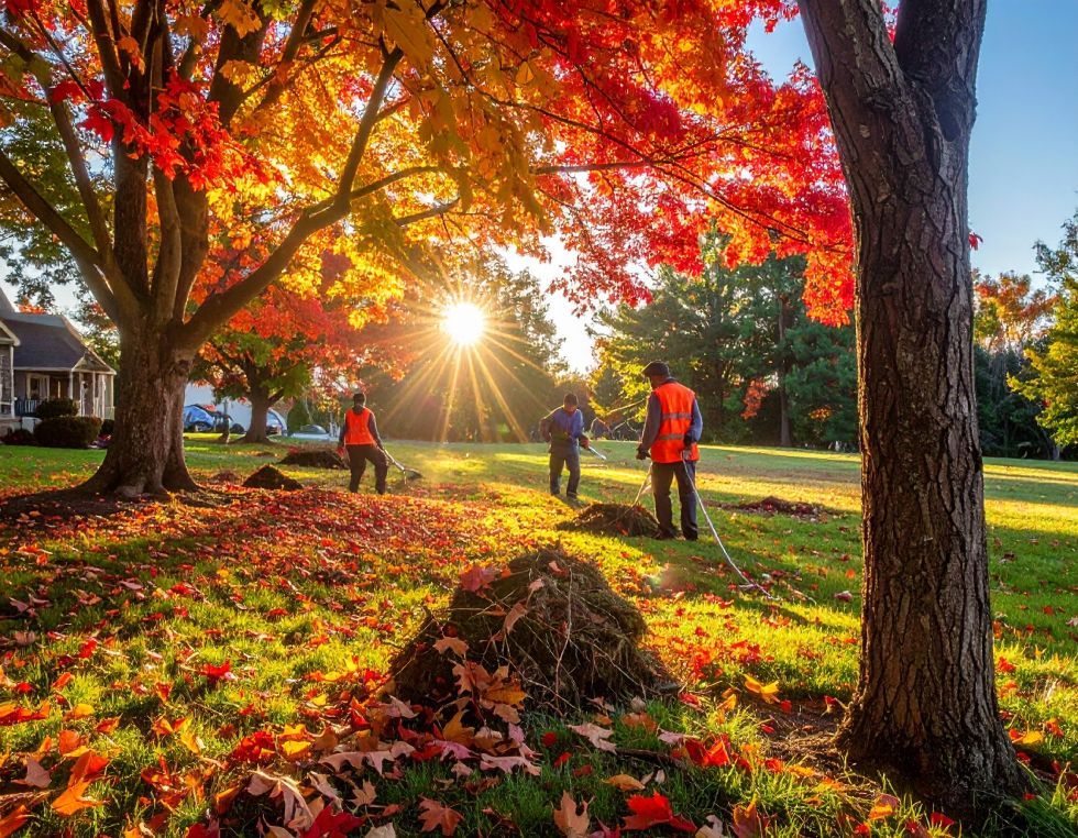 Workers in orange vests raking leaves under a colorful autumn tree with the sun shining.
