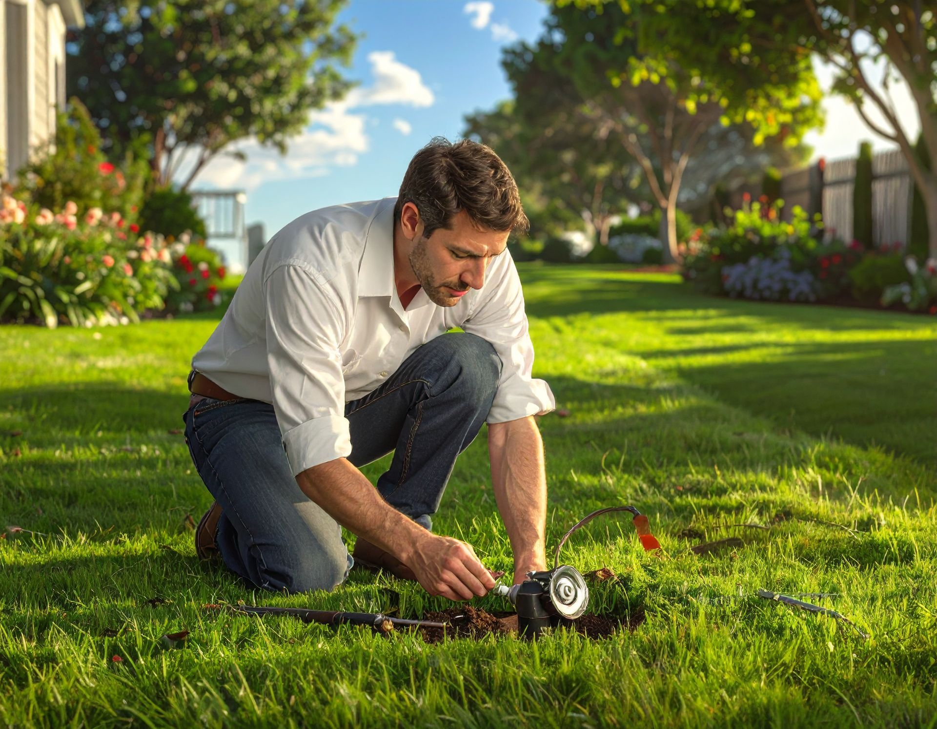 A person focused on repairing an irrigation sprinkler head — affordable sprinkler repair near me