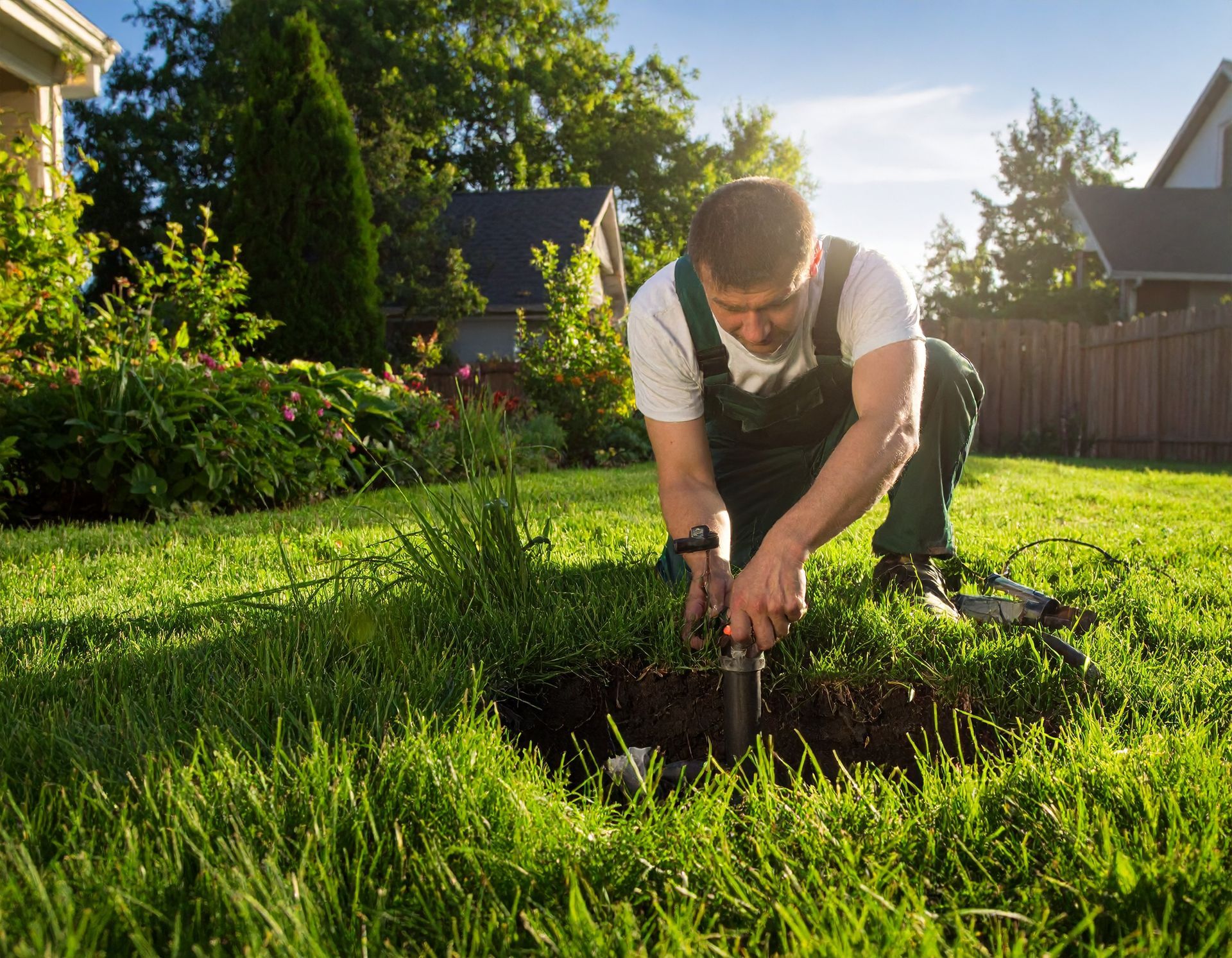 man repairing sprinkler in a yard — affordable sprinkler repair near me