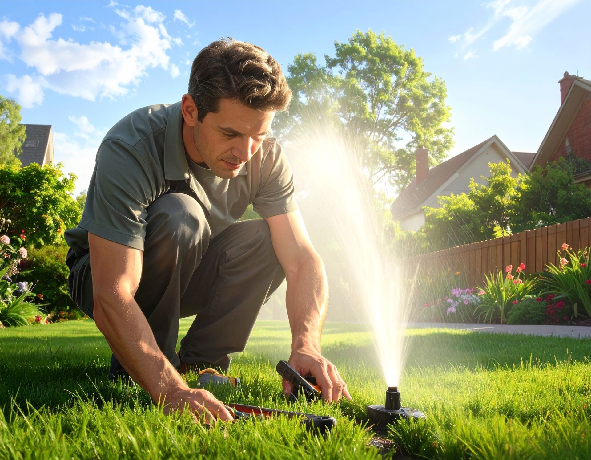 A person kneeling on a lawn, carefully repairing a garden sprinkler — affordable sprinkler repair near me
