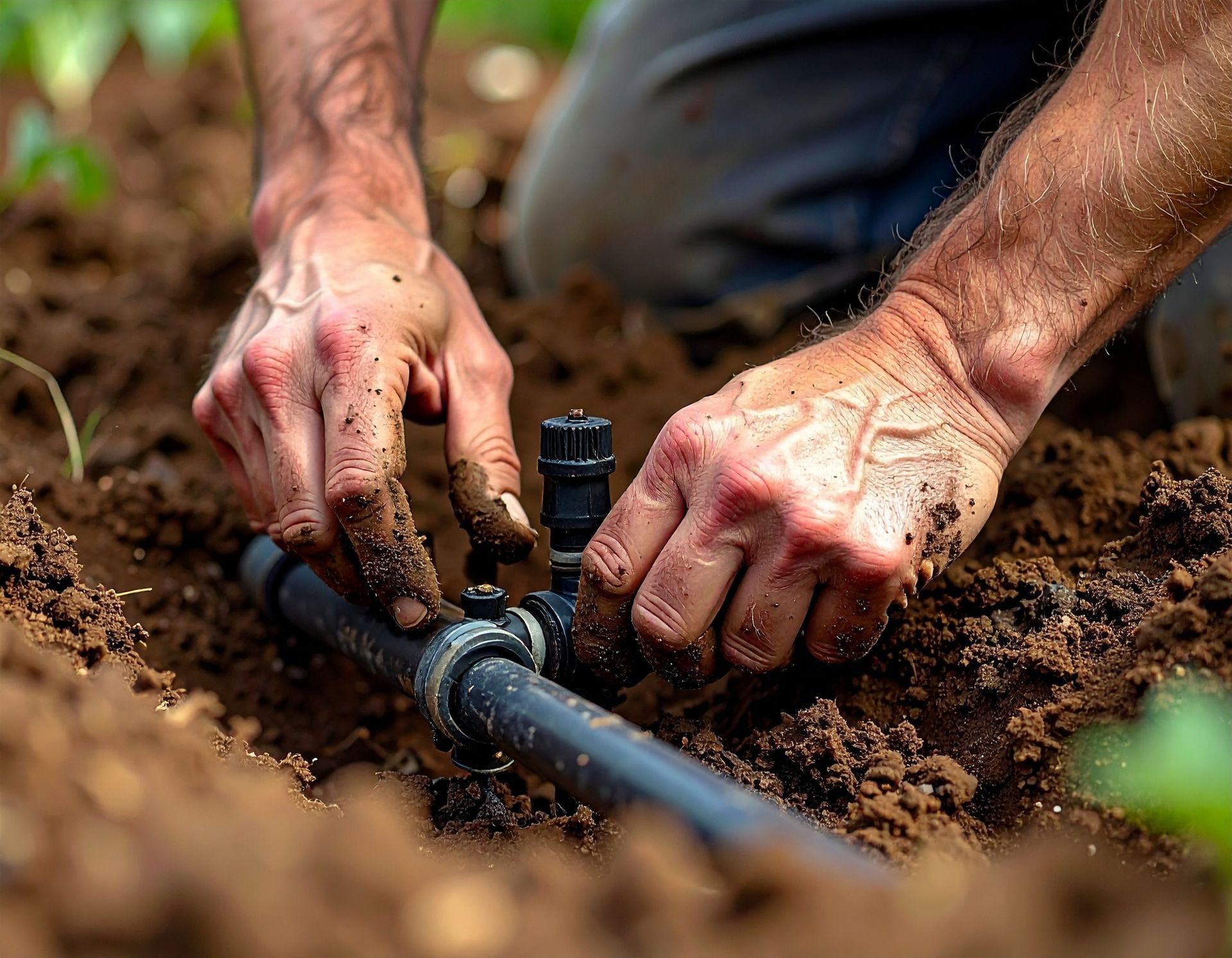 Installing or adjusting a black irrigation valve into a pipe — residential sprinkler repair near me