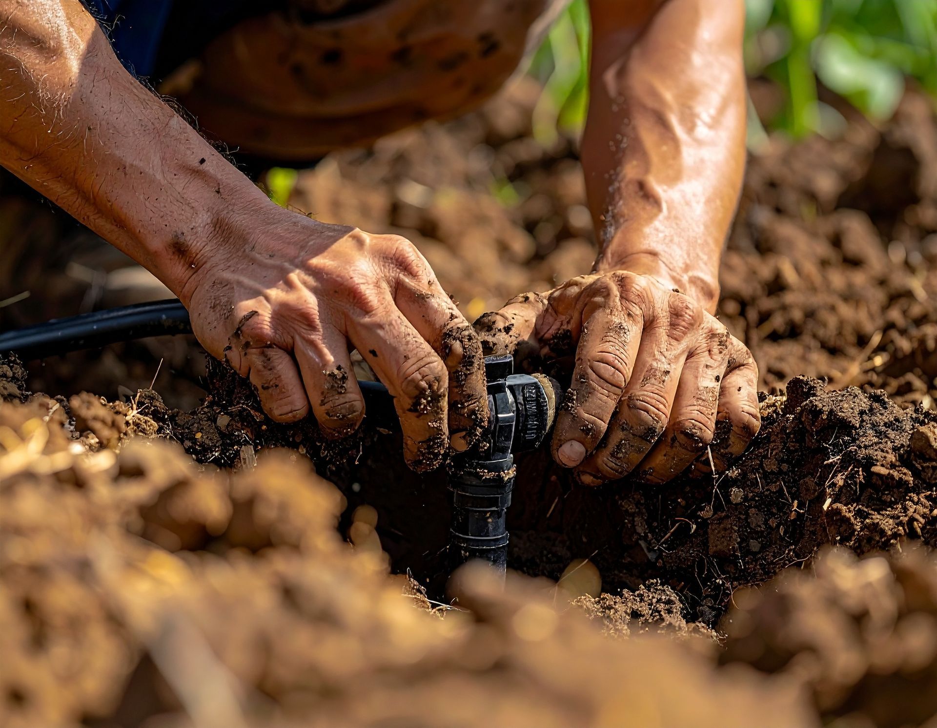 Hands installing a black drip irrigation sprinkler in muddy soil