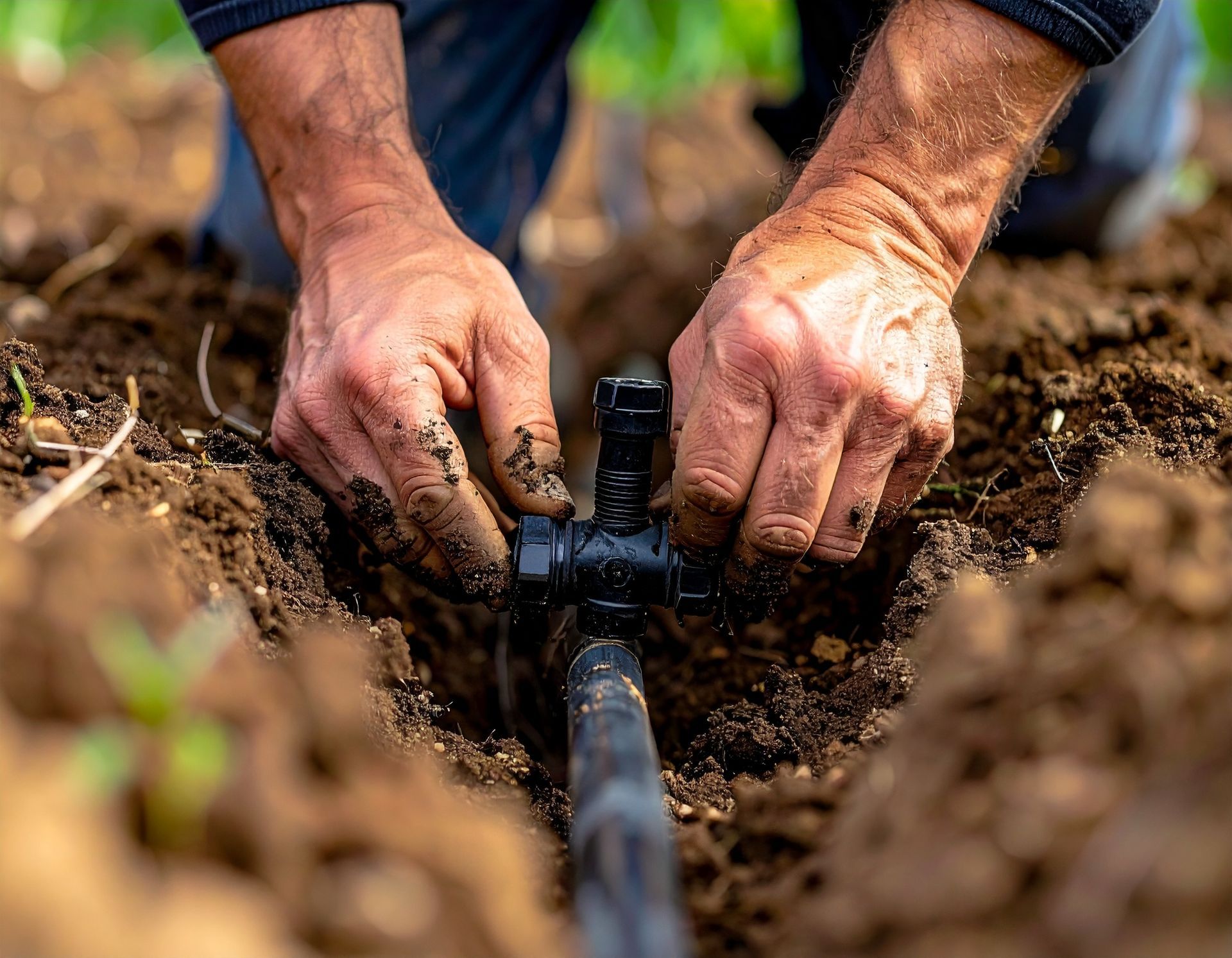 Hands installing a black plastic irrigation fitting onto a pipe — residential sprinkler repair near me