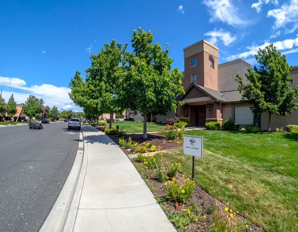 Street view with sidewalk, trees, and building with brown and tan brick facade under a blue sky.