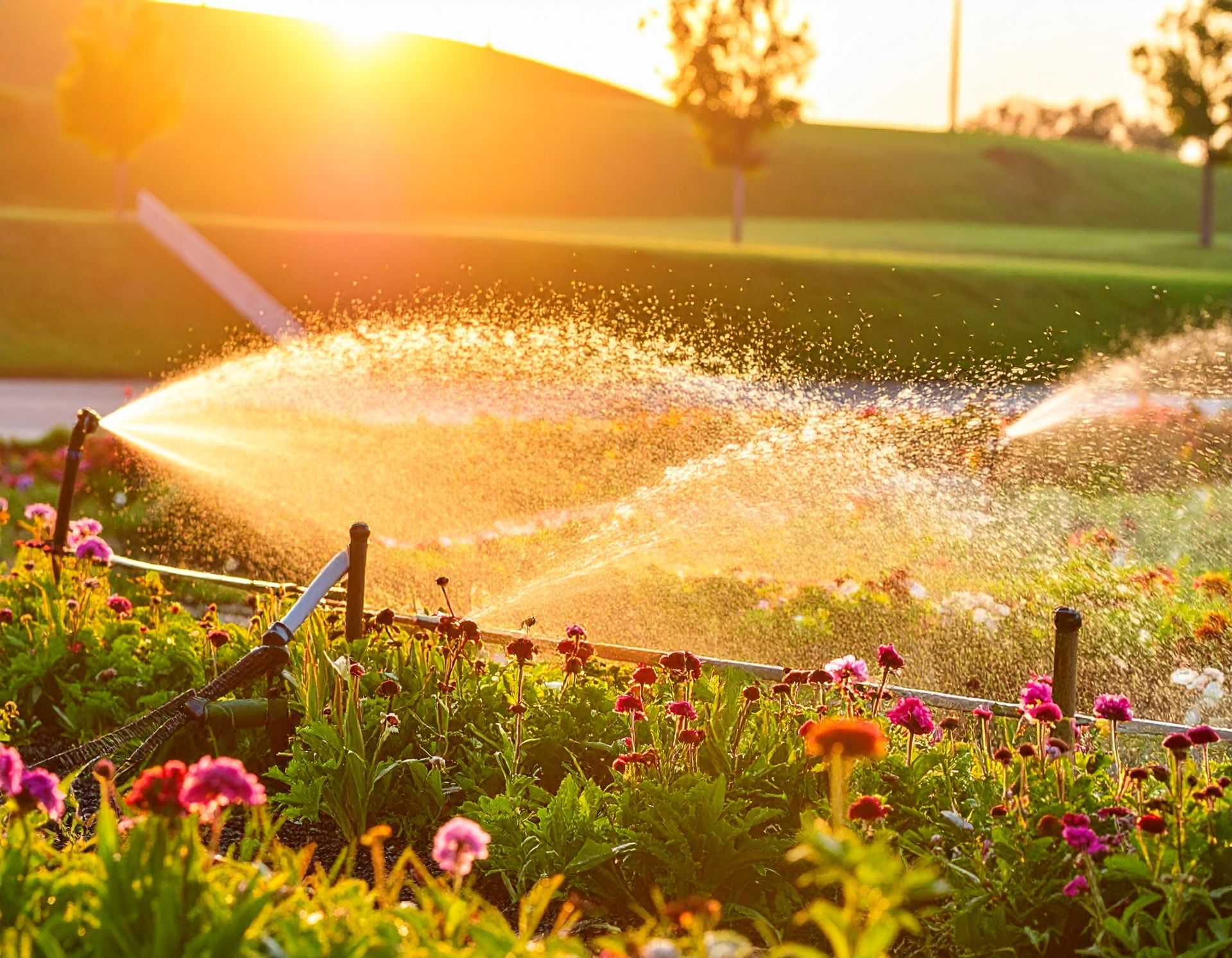 water sprinklers spray a fine mist over colorful flowers — yard sprinkler repair near me