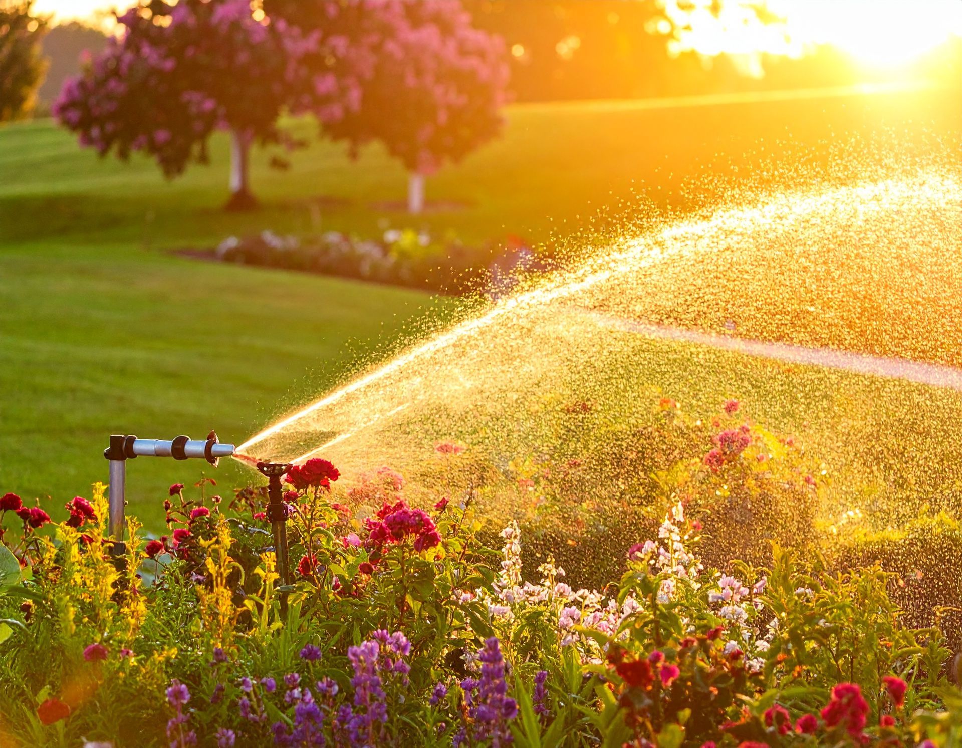 Garden sprinkler watering colorful flowers at sunset