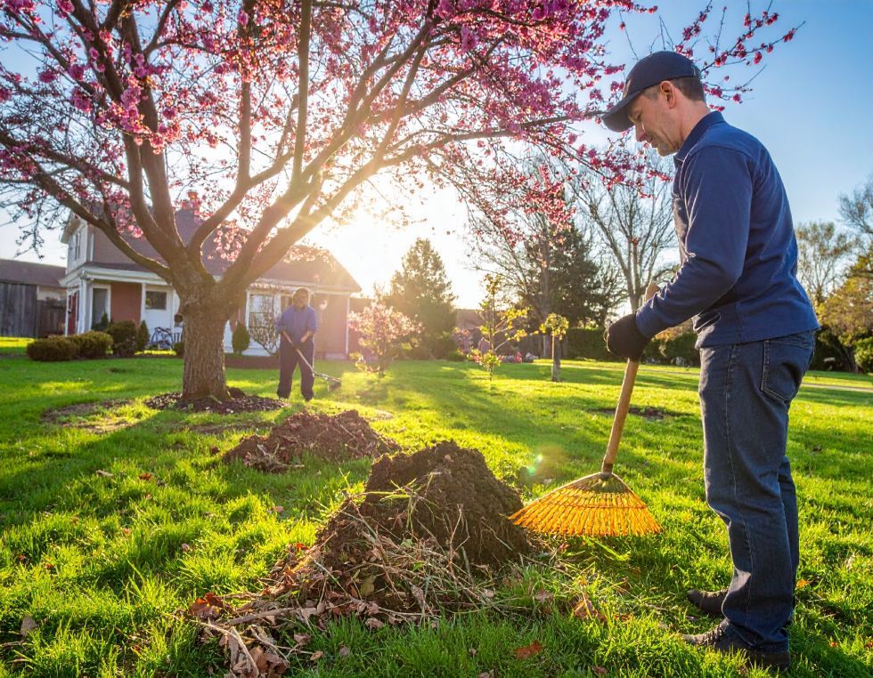 Man raking leaves in sunny yard with flowering tree and house.