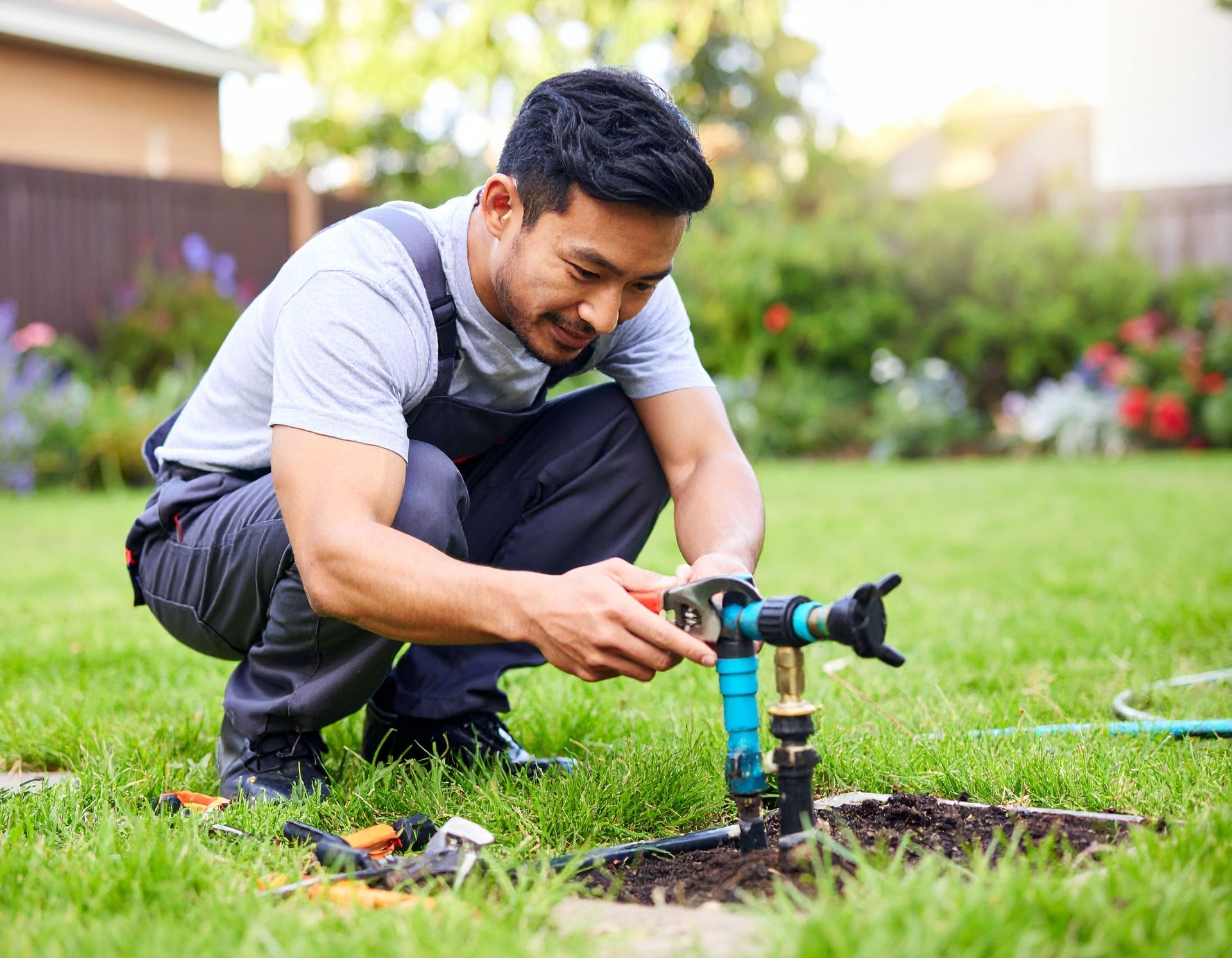 A technician using a tool to adjust an outdoor sprinkler irrigation valve — residential sprinkler repair near me