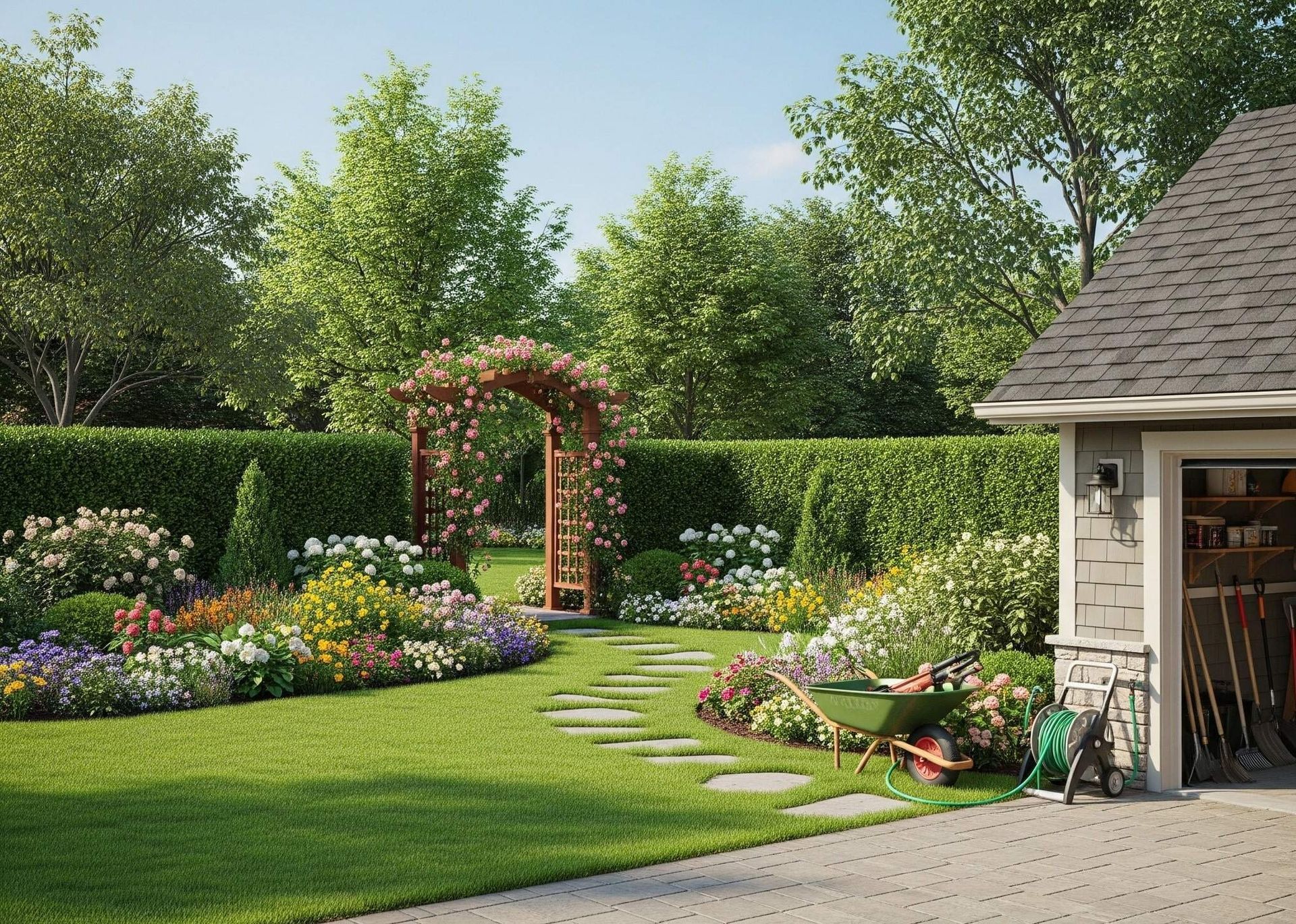Lush garden with a stone path leading to a rose-covered archway. Green lawn and a garage on the right.