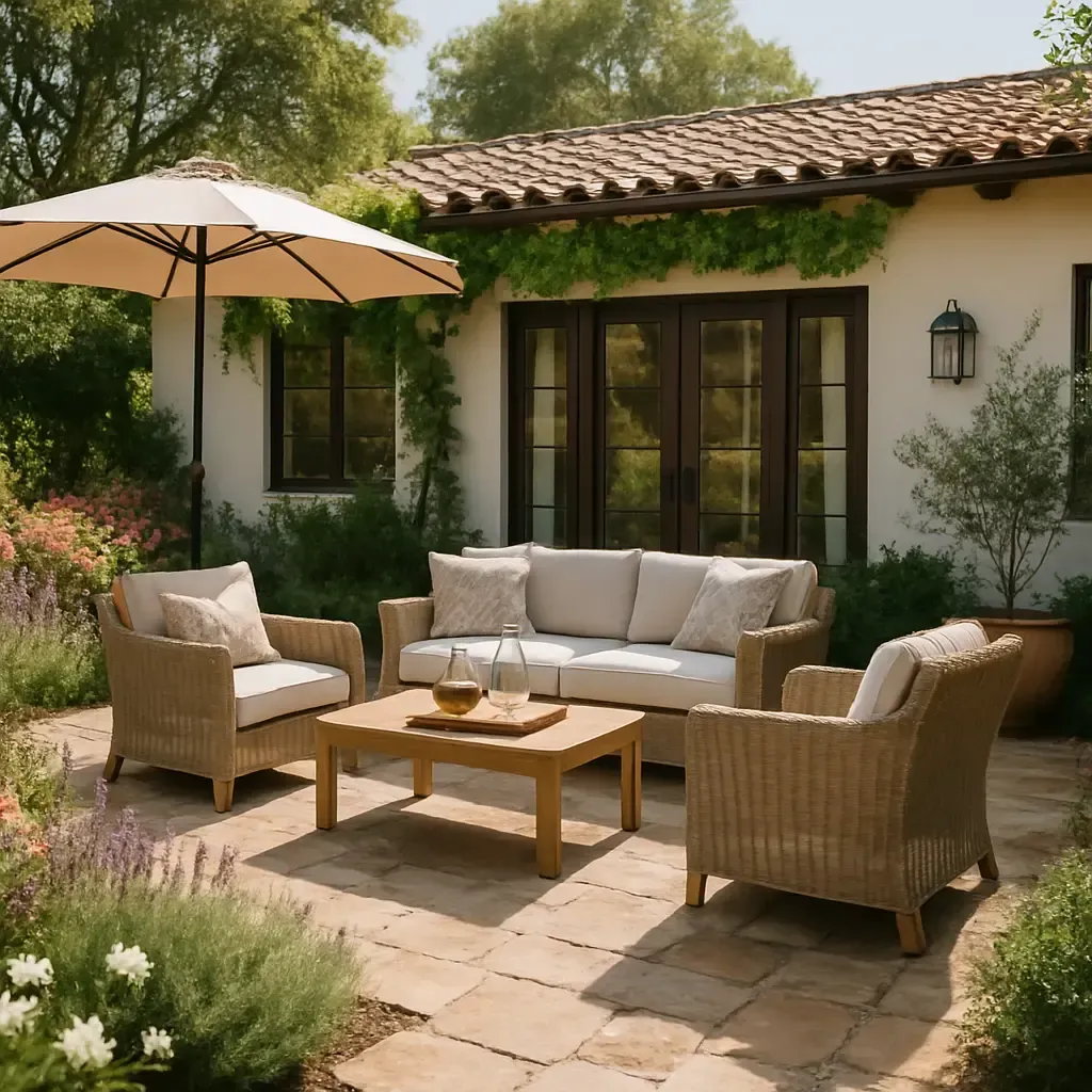 Outdoor patio with beige wicker furniture, table, and umbrella; against a white stucco house and garden.
