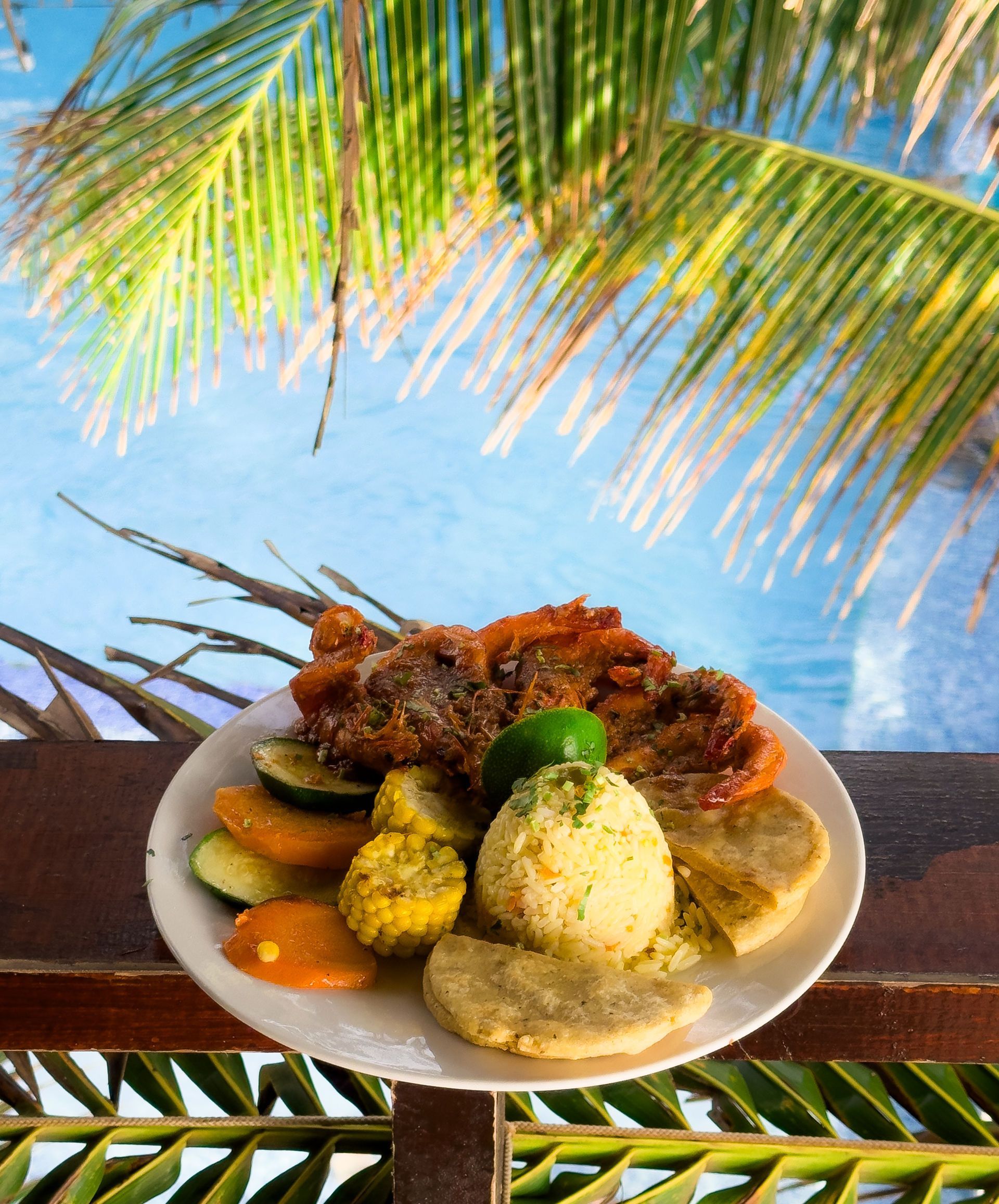 Plato de comida con frituras, verduras y arroz, con playa al fondo.