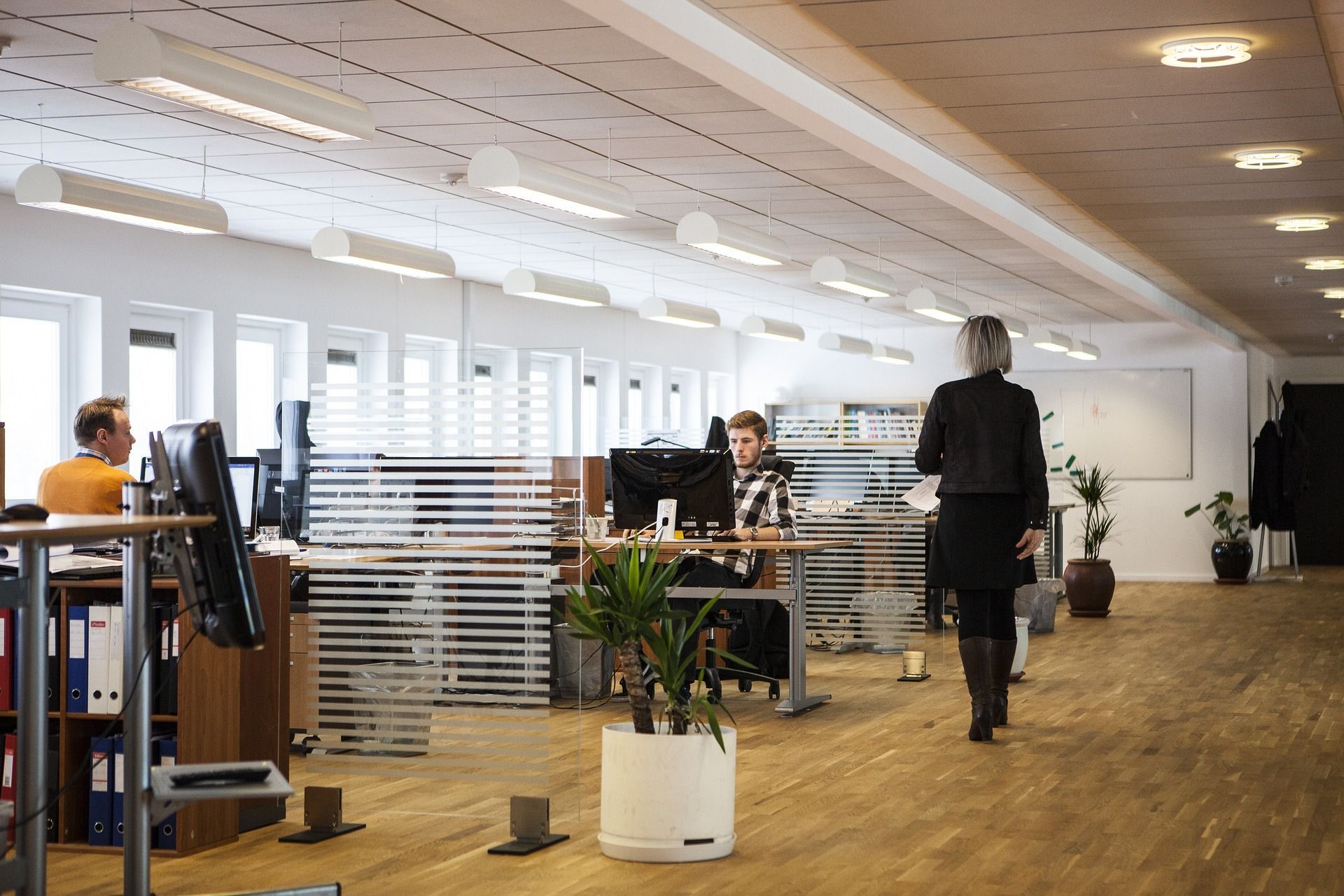 Office interior with people working at desks, hardwood floors, and overhead lighting.