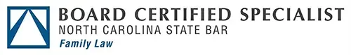 Board Certified Specialist in Family Law logo for North Carolina State Bar. Includes a blue and white graphic.