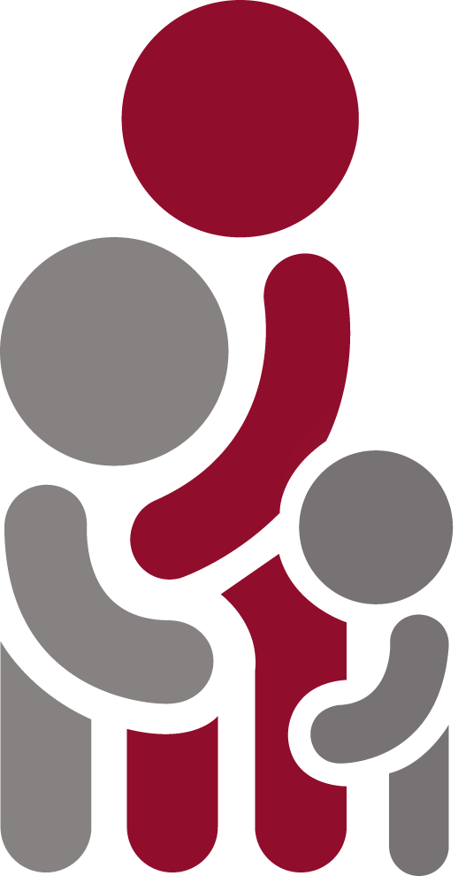 Family silhouette: Adult in burgundy arms around two children, one gray, one burgundy.