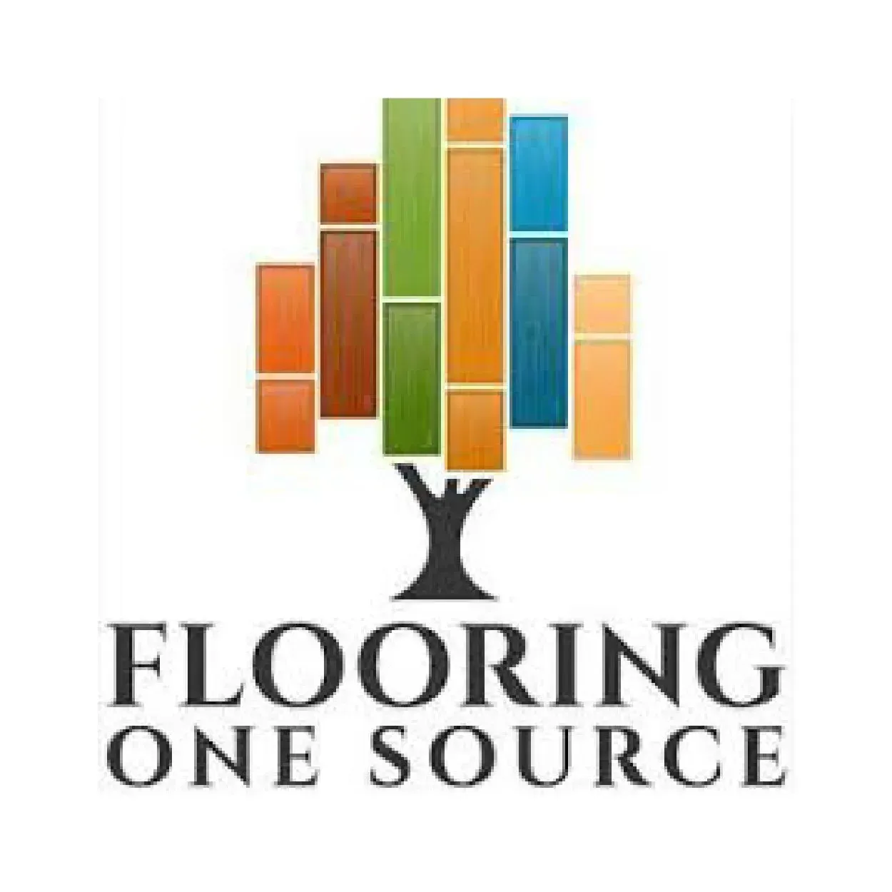 Flooring One Source logo with colorful wood-plank design above black text