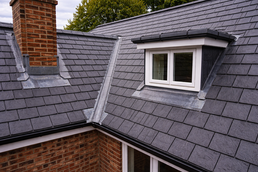 Gray tiled roof with a brick chimney and a dormer window.