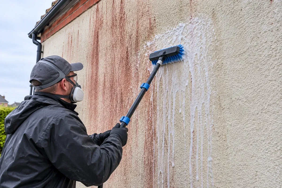 Red and pink biological staining on exterior rendered wall