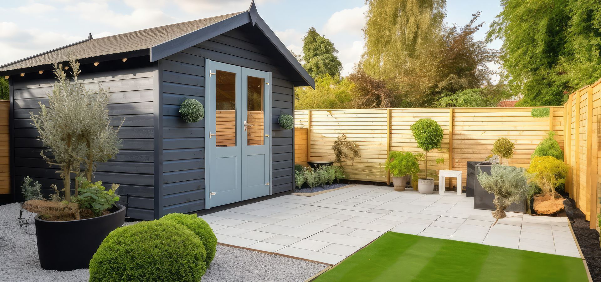 Grey shed in a modern garden that has been cleaned, sanded and is for painting
