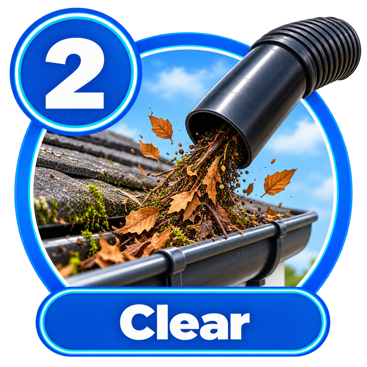 Gutter vacuum removing leaves moss and debris from gutters