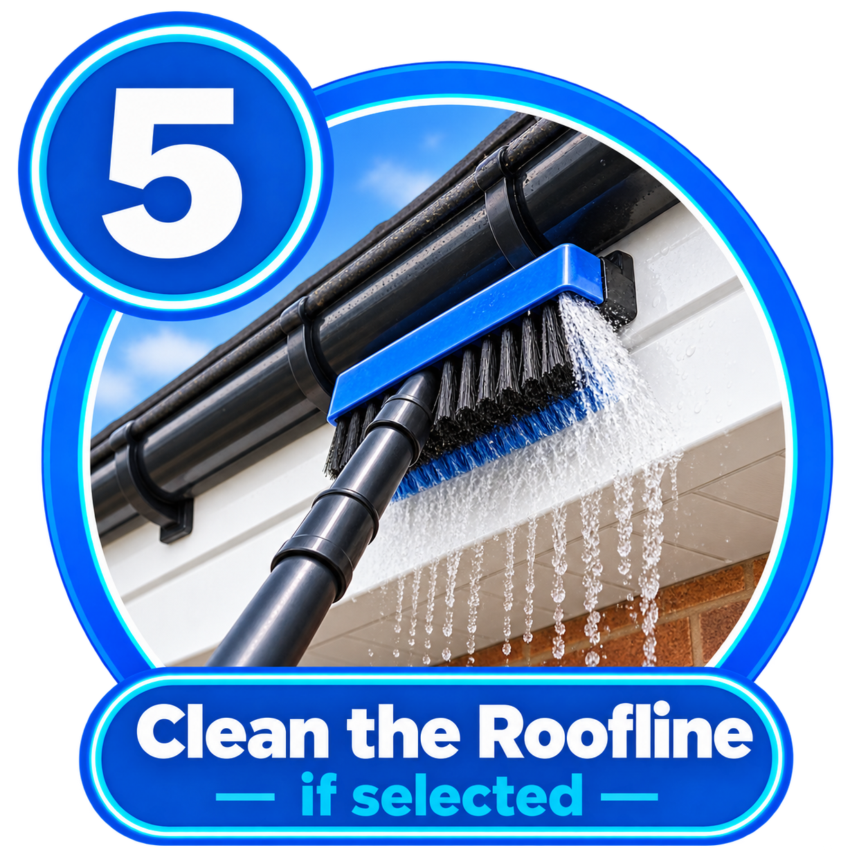 Cleaning exterior gutters fascia and soffits with a water-fed brush