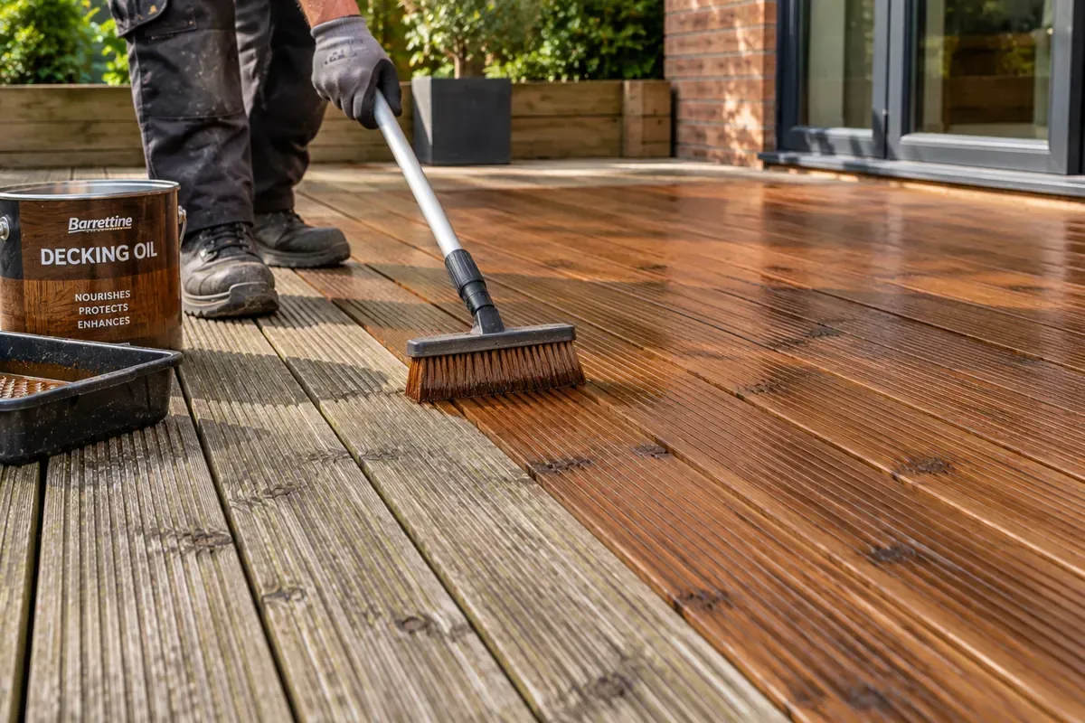 Decking oil being brushed into prepared timber decking during refinishing