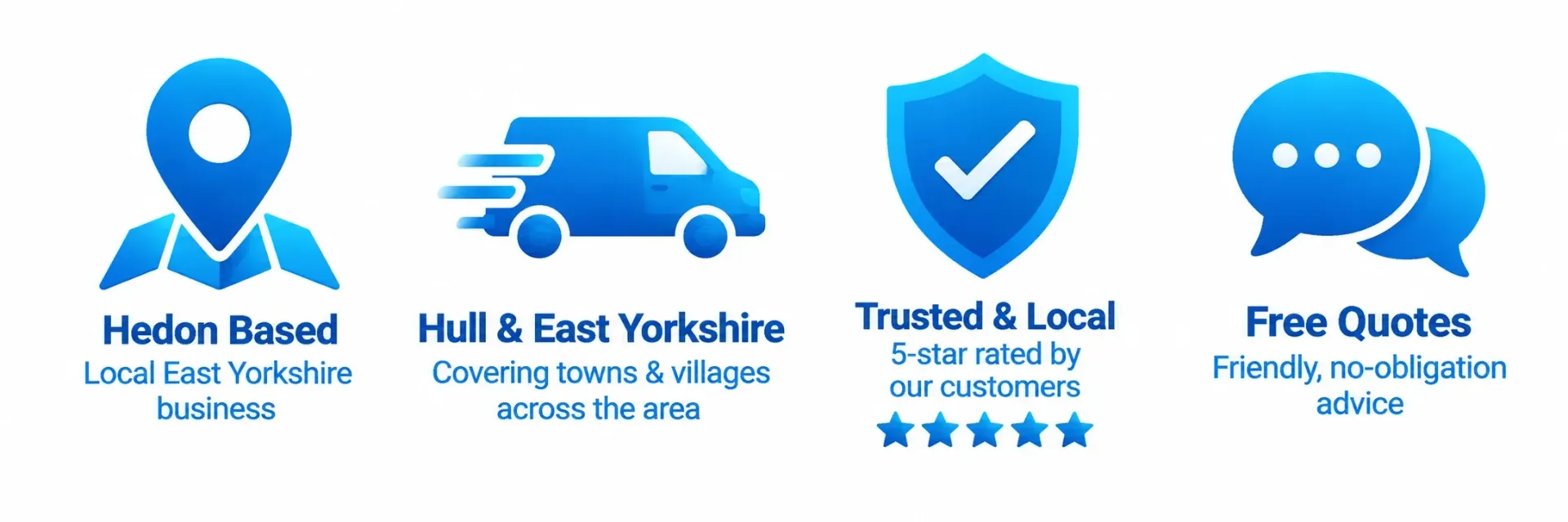 Trust icons for Hedon Exterior Cleaning, a Hedon-based pressure washing service covering Hull and East Yorkshire, with free quotes available.