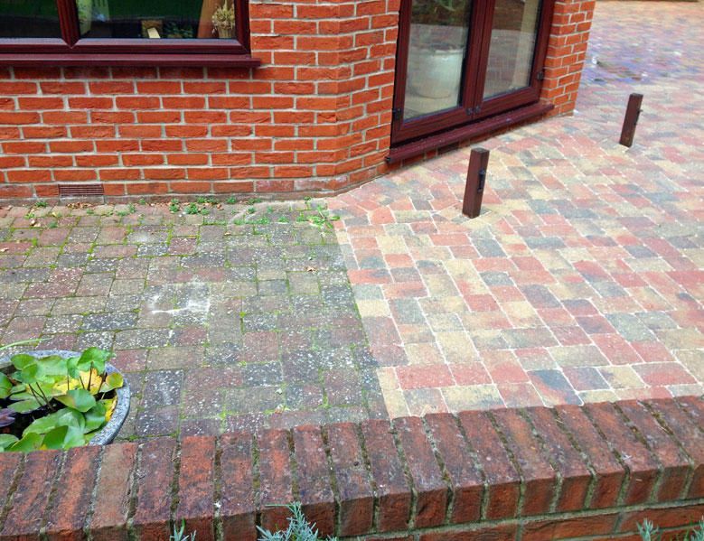 Block paving cleaned and showing before and after effect