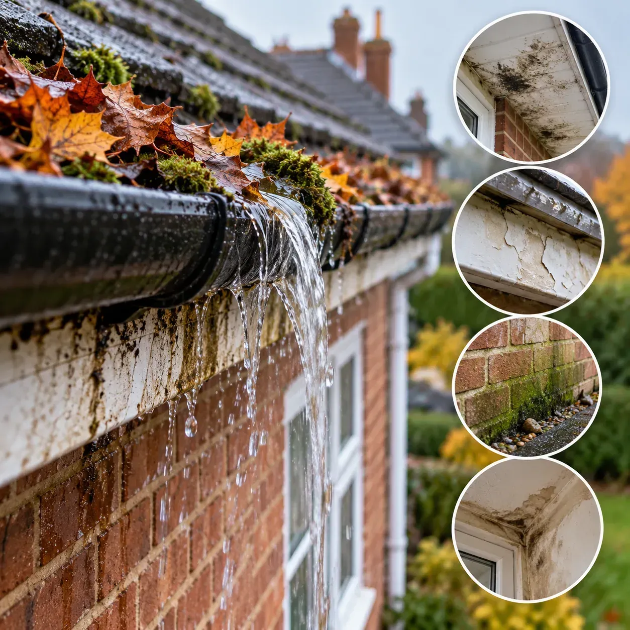 Blocked overflowing gutter showing water damage, staining and damp around a property