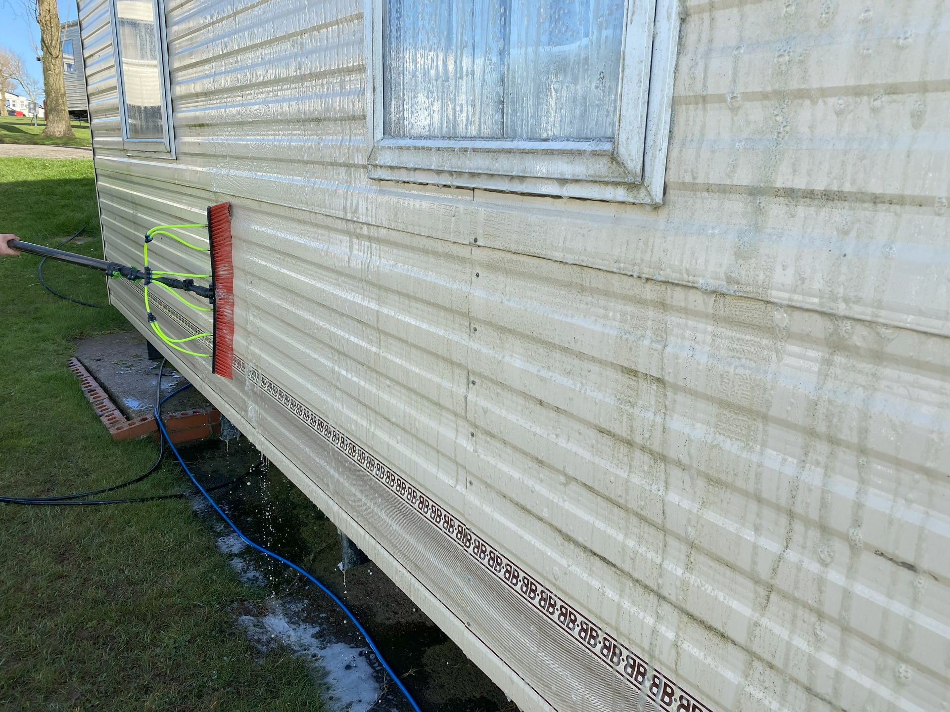 Exterior of caravan cleaned using specialised treatment