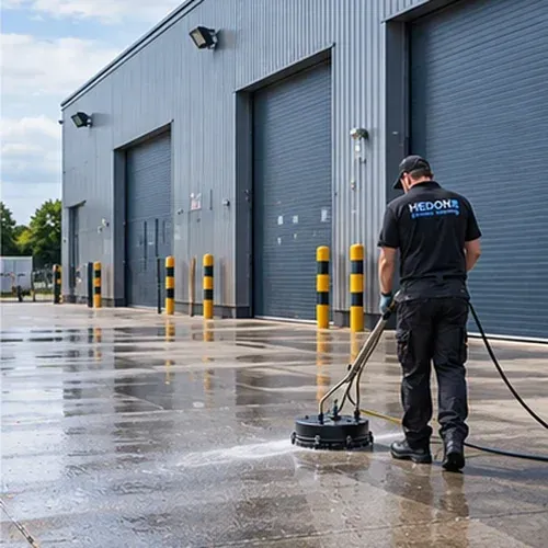 Commercial pressure washing of a large paved area outside an industrial building