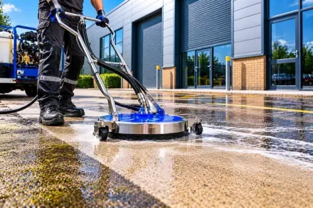 Professional pressure washing outside a commercial property