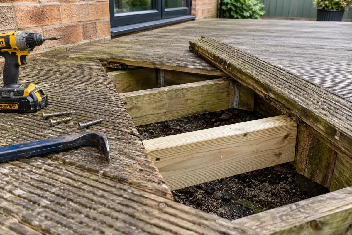 Timber decking undergoing repairs before cleaning and refinishing